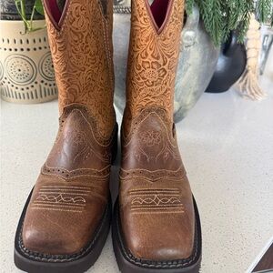 Justin Boots Brown and Tan Floral Tooled Western Boots